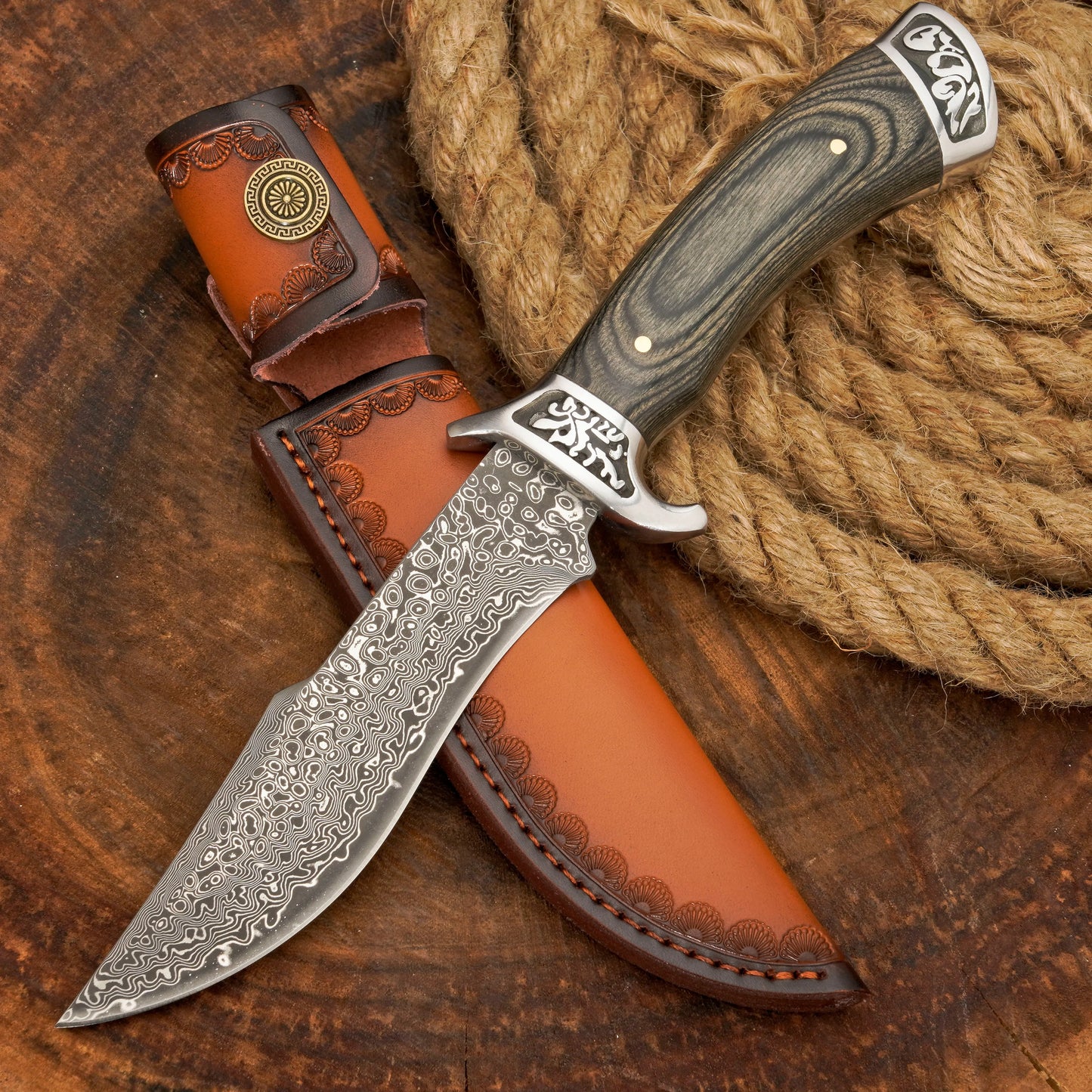 Coltello da caccia in acciaio di Damasco forgiato a mano | Coltello a codolo intero